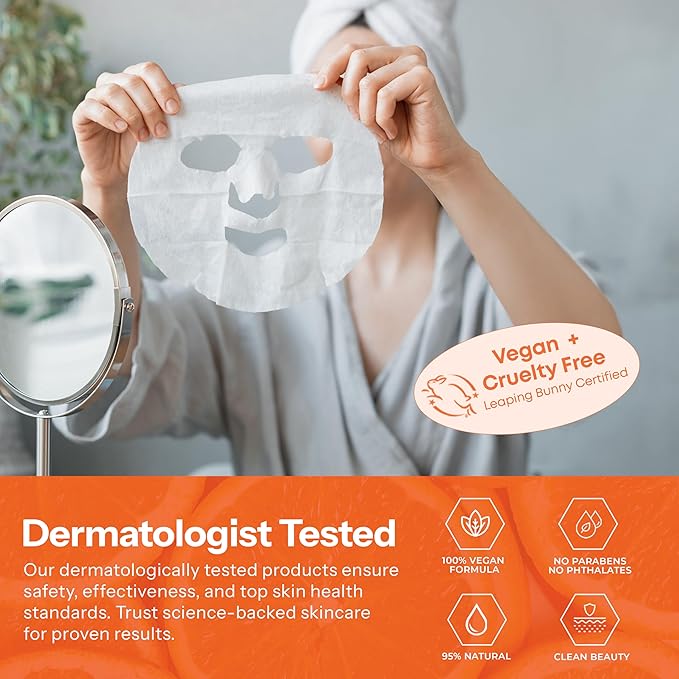 Skin 2.0 Vitamin C & Collagen Sheet Mask - Anti-Aging, Wrinkle & Age Spot Reducer, Hydrating & Moisturizing - Dermatologist Tested Korean Skincare, Clean Beauty, Cruelty-Free, All Skin Types - 5 Masks