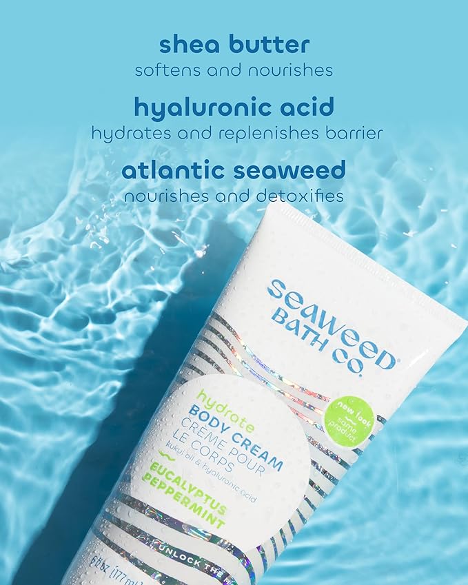 Seaweed Bath Co. Hydrate Body Cream - Eucalyptus Peppermint - Hydrating Scented Moisturizer for Body and Hands - With Vitamin E, Hyaluronic Acid and Shea Butter for Dry Skin - 6 oz