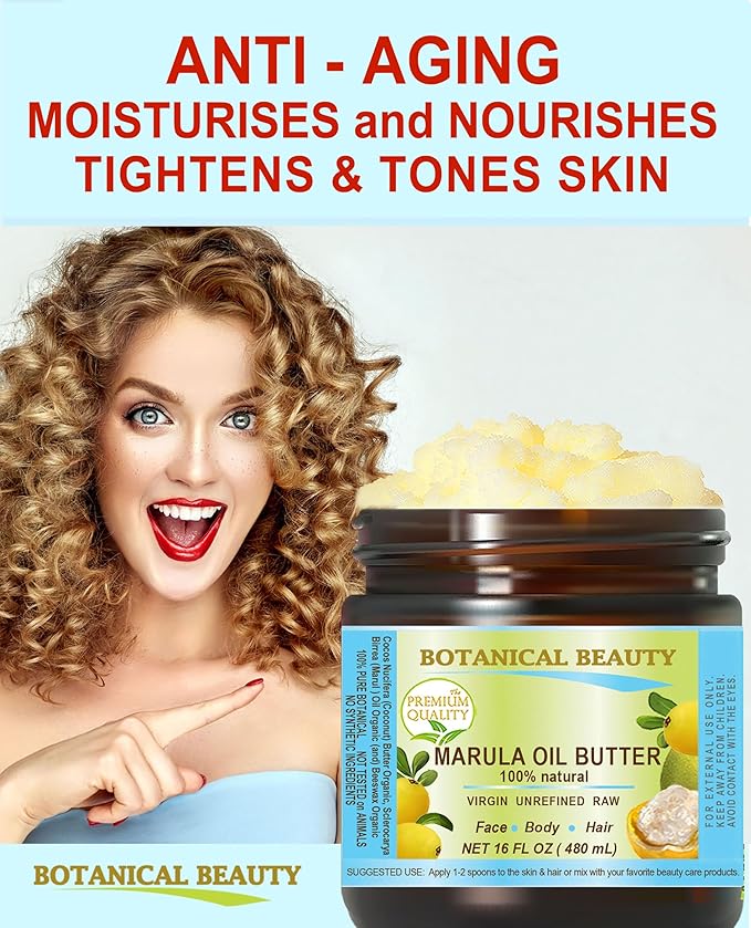 Botanical Beauty MARULA OIL BUTTER RAW VIRGIN UNREFINED for Face, Body, Hair, Lip, Nails, Dry Skin, Cracked Hands, Rosacea, Eczema, Rashes, Itchiness, Redness, Anti-Aging (16 Fl Oz)