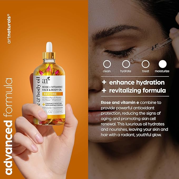 Artnaturals Organic Rose + Vitamin E Face Oil 4.0oz - for Body & Hair - 100% Natural, Moisturize, Rejuvenate & Enhance your skin - Anti-Aging Moisturizer Facial Oil for Fine Lines, Scars & Wrinkles