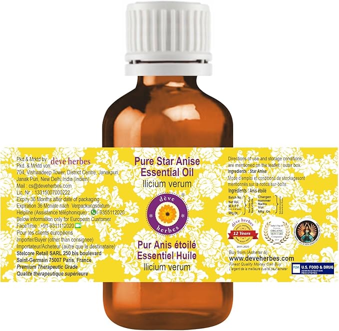 dève herbes Star Anise Essential Oil (lllicium verum) Pure | Non-Sticky | Non-Greasy | Lightweight | Men & Women | All Skin Types | Steam Distilled 15ml (0.5 oz)
