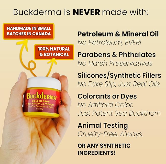 Beesaluxe Buckderma Natural All-In-One Seabuckthorn Balm - Essential Oil Facial Moisturizer, Oil Cleanser, Overnight Mask, Makeup Remover, Lip Balm, Hand Cream, Beeswax Foot Butter and More