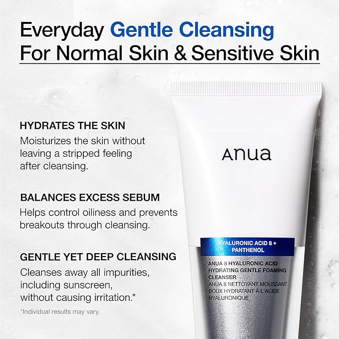 ANUA Hydrating Gentle Foaming Cleanser, Daily Face Wash for Double Cleansing, Hyaluronic Acid, Zinc, Panthenol, for Dry & Sensitive Skin, Sebum Balance Facial Cleanser, Korean Skincare, 5.07 fl. oz