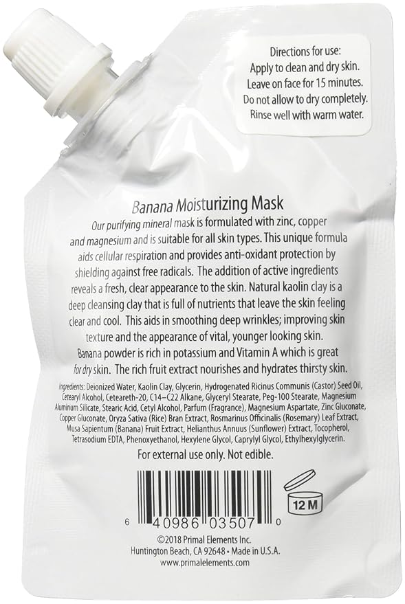 Primal Elements Face Mask, Clay Mud Facial Treatment, Multi-Use Package, 1.18 oz - Banana Moisturizing