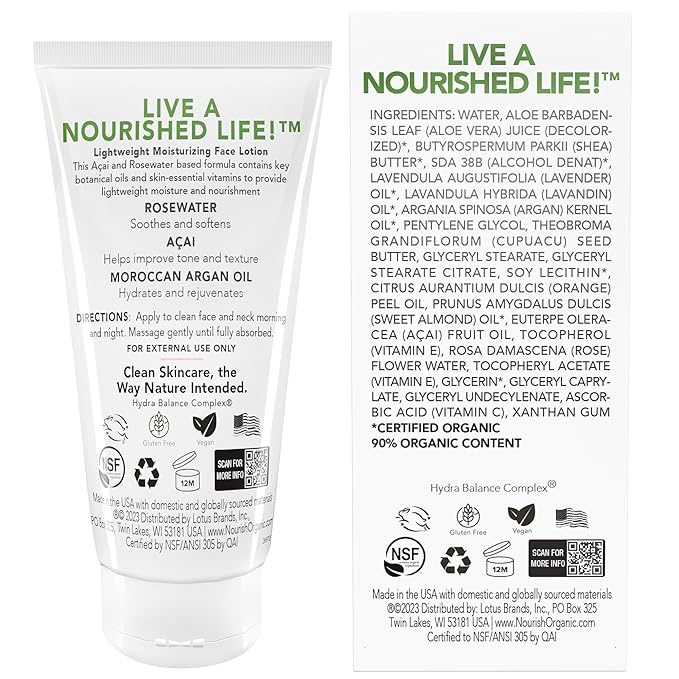 Nourish Organic | Lightweight Moisturizing Face Lotion - Rosewater & Argan | GMO-Free, Cruelty Free, 100% Vegan (1.7 Fl Oz)