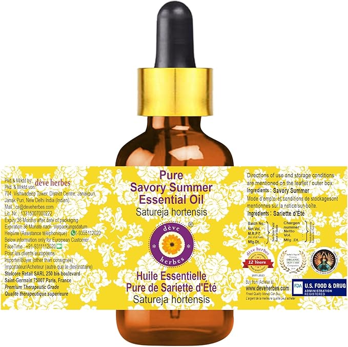 dève herbes Savory Summer Essential Oil (Satureja hortensis) with Glass Dropper | Pure | Non-Sticky | Non-Greasy | Lightweight | Men & Women | All Skin Types | Steam Distilled 30ml (1 oz)