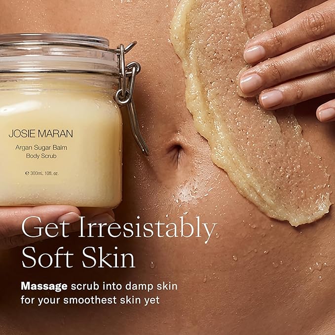 Josie Maran Argan Sugar Balm Body Scrub - Exfoliating Sugar Scrub with 100% Pure Argan Oil & Coconut Oil - Softens, Smoothes & Hydrates Dry Skin - Vegan + Cruelty Free - Vanilla Bean (10 oz)