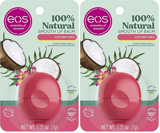 eos 100% Natural Lip Balm - Coconut Milk, All-Day Moisture, Dermatologist Recommended for Sensitive Skin Care, Lip Care Products, 0.25 oz (Pack of 2)