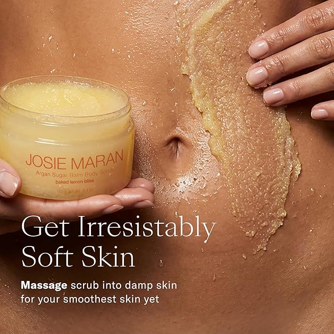 Josie Maran Argan Sugar Balm Body Scrub - Exfoliating Sugar Scrub with 100% Pure Argan Oil & Coconut Oil - Softens, Smoothes & Hydrates Dry Skin - Vegan + Cruelty Free - Baked Lemon Bliss (4.4 oz)