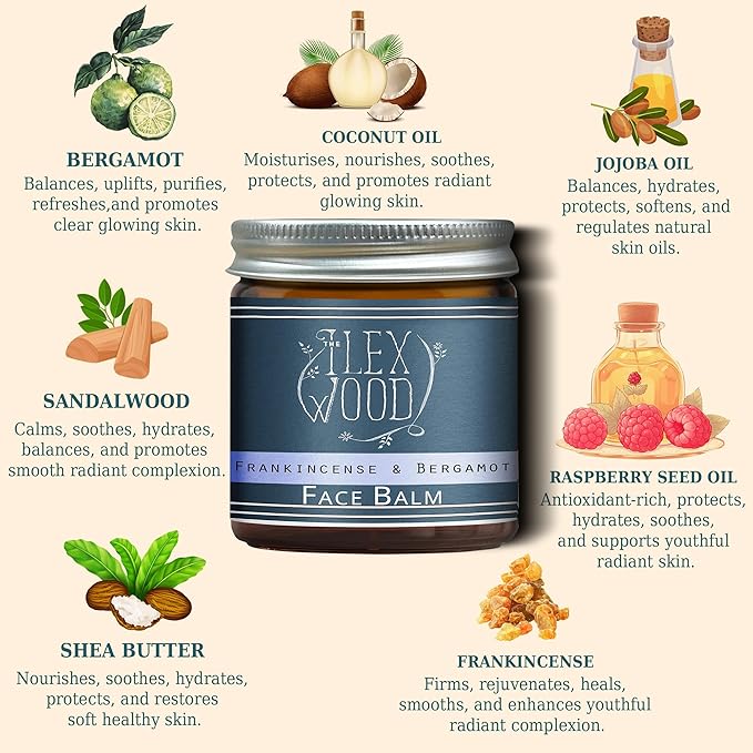 The Ilex Wood - Frankincense and Bergamot Face Balm - 100% Natural, Vegan, Moisturising, Anti Ageing, Wrinkle and Line Reducing Ingredients, Cruelty Free - 60ml (2.03 fl oz)