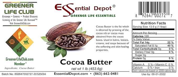 Cocoa Butter - Kosher - Raw - Unrefined - Natural Cocoa Scent - 1 lb - Used in Creams, Lotions, Balms, Body Butters and many other skin care products - safety sealed HDPE container with resealable cap