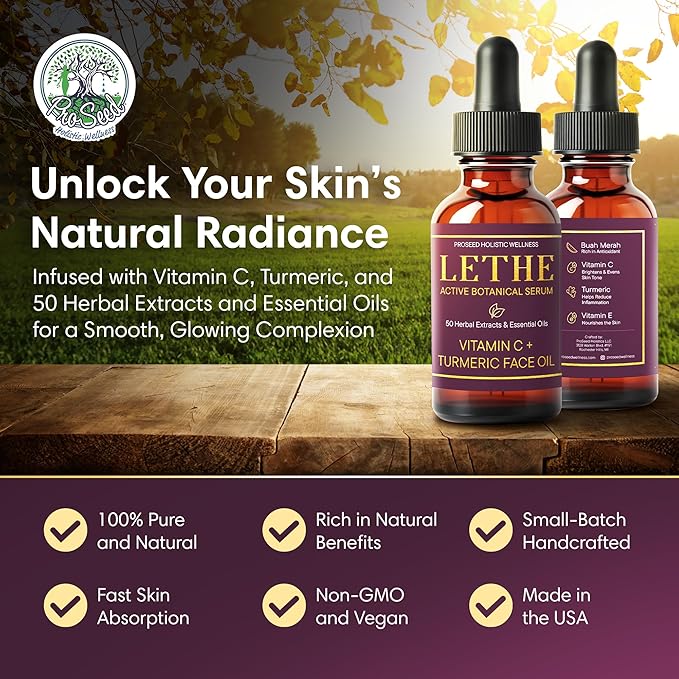 LETHE Vegan Botanical Face Serum – Vitamin C & 50 Natural Extracts & Essential Oils – Improves Skin Tone, Firmness & Smoothness – Natural Skincare for Dark Spots & Uneven Skin Tone – 1oz