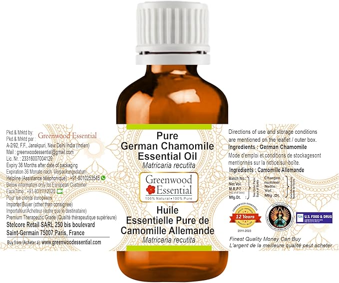 Greenwood Essential Pure German Chamomile Essential Oil (Matricaria recutita) Steam Distilled 50ml (1.69 oz)