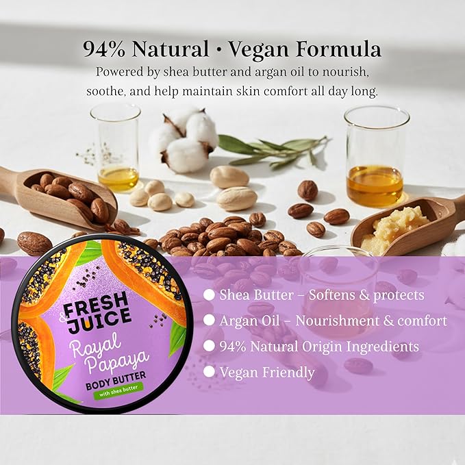 Fresh Juice Royal Papaya Body Butter with Shea Butter – Deeply Nourishing Moisturizer with Argan Oil – 94% Natural Ingredients, Vegan – Softens, Hydrates & Refreshes Skin – 6.76 fl oz