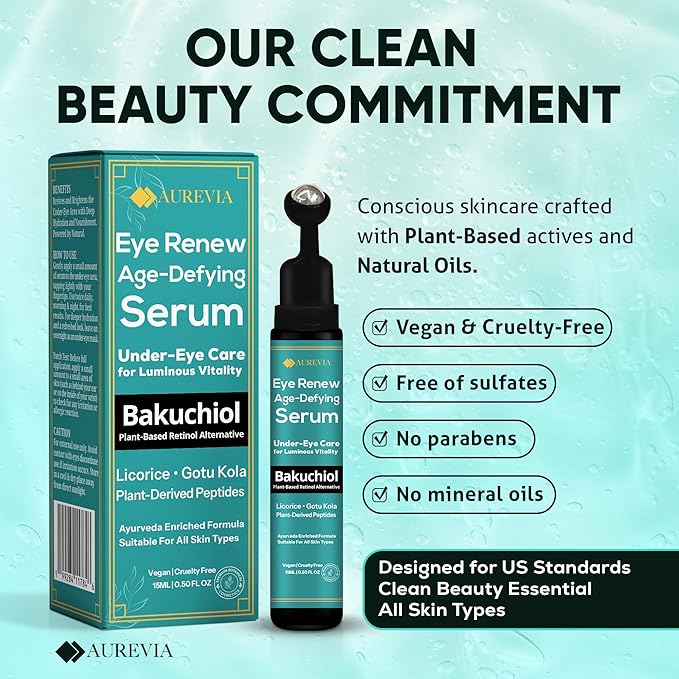 Bakuchiol, Caffeine Under Eye Milky Serum for Dark Circles, Puffiness & Fine Lines with Peptides & Ectoin - Brightening & Hydrating Lightweight Plant-Based Vegan Formula 15ml
