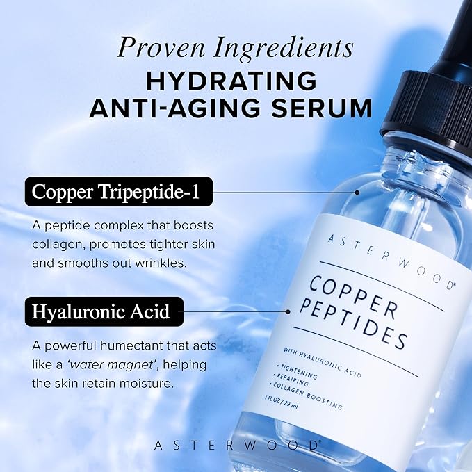 Asterwood Copper Peptides Serum for Face - with GHK-Cu Peptide and Hyaluronic Acid - Anti-Aging Facial Serum - 1 Fl Oz