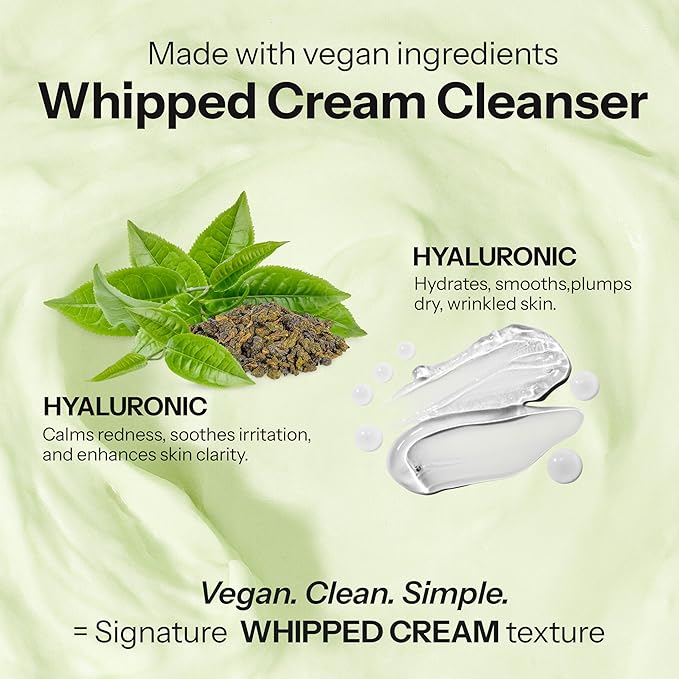 Whipped Facial Cleanser with Hyaluronic Acid & Green Tea – Deep Hydration & Gentle Pore Care – Dermatologist Tested, Anti-Aging, Korean Skin Care – Vegan, Cruelty-Free, Paraben-Free – 4.4 oz