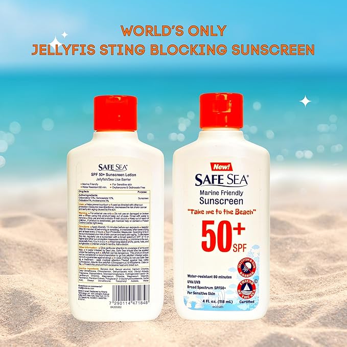 Safe Sea Jellyfish Sting-Blocking Sunscreen, SPF 50+ Lotion 4oz, Waterproof, Biodegradable, Coral Reef-Safe – Body and Face Sunscreen, Anti-Jellyfish and Sea-Lice sting protection.