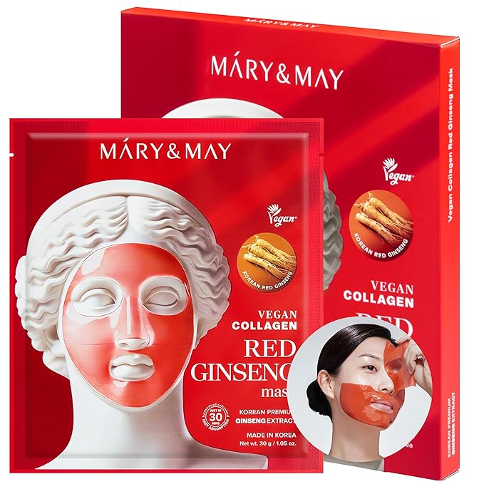Mary&May Vegan Collagen Red Ginseng Mask - Face Sheet Hydrogel Mask - Low Molecular Collagen, Niacinamide, Centella - Revitalizing, Firming, Hydrating Korean Skincare for Dull & Tired Skin, 4 Sheets