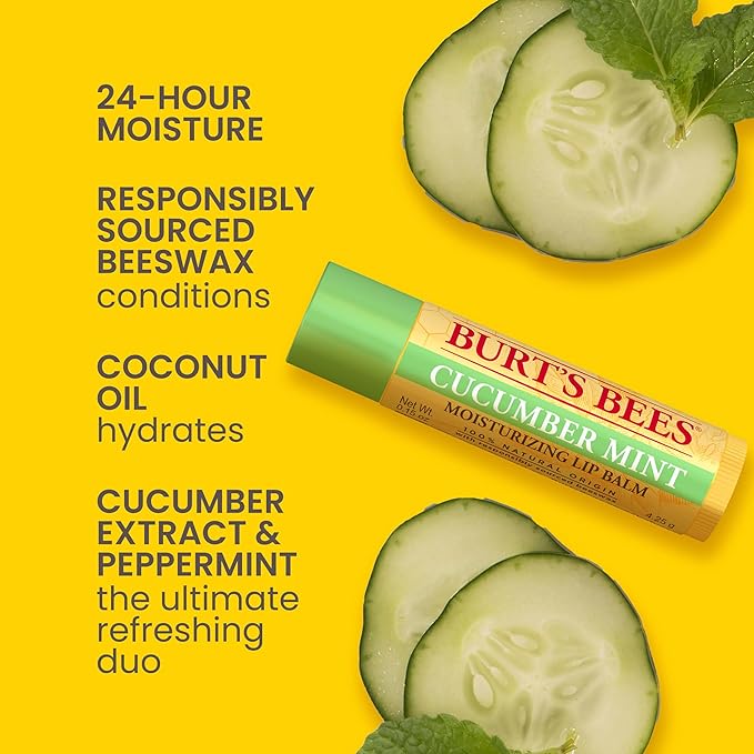Burt's Bees Lip Balm - Beeswax, Cucumber Mint, Coconut & Pear, and Vanilla Bean Pack, With Responsibly Sourced Beeswax, Tint-Free, Natural Origin Lip Treatment, 4 Tubes, 0.15 oz.