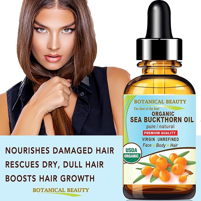 Botanical Beauty Certified Organic SEA BUCKTHORN OIL 100% Pure Natural Virgin Unrefined Cold-Pressed Carrier Oil for Face, Skin, Damaged Hair, Nails, Anti-Aging 0.33 Fl Oz - 10 ml
