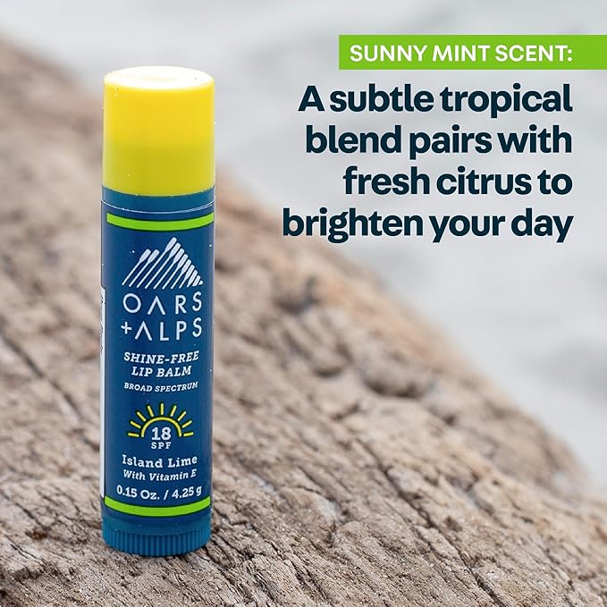 Oars + Alps Lip Suncreen, SPF 18 Lip Balm, Shine Free Sunscreen for Lips, Infused with Vitamin E & Shea Butter, Water & Sweat Resistant, Moisturizing, Hydrating, Island Lime Scent, 3pk