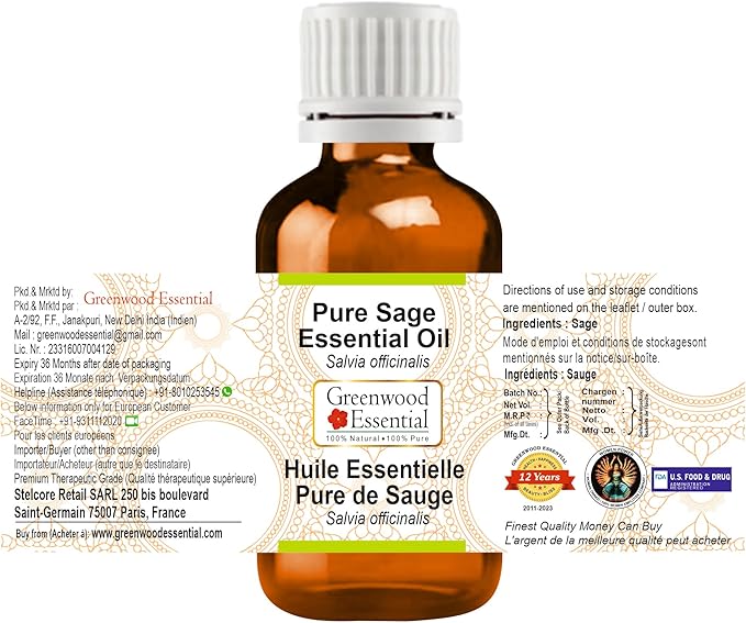 Greenwood Essential Pure Sage Essential Oil (Salvia officinalis) Steam Distilled (Pack of Two) 100ml X 2 (6.76 oz)
