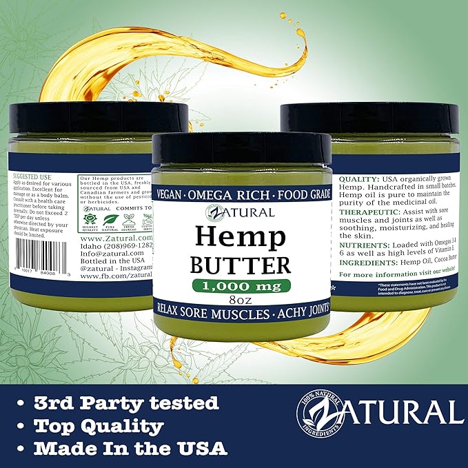 Zatural Hemp Butter 1,000mg Handcrafted Vegan, Soothing, Moisturizing, Food Grade