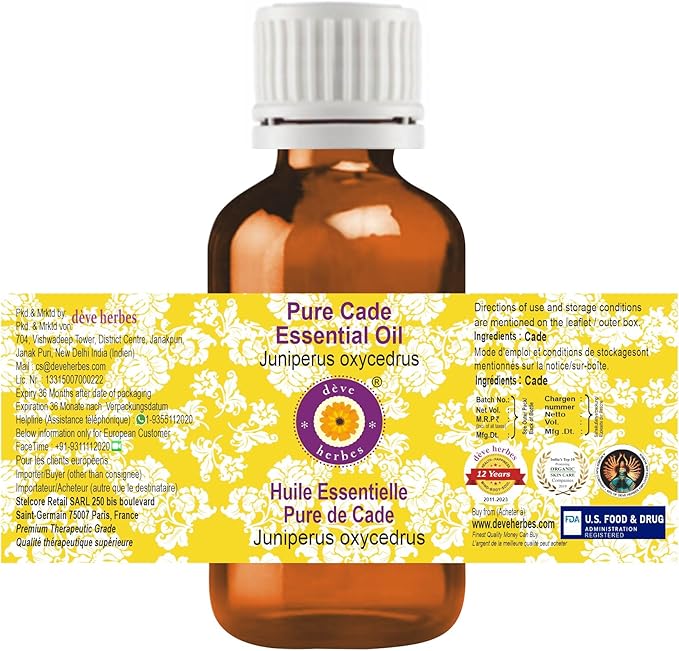 Deve Herbes Pure Cade Essential Oil (Juniperus oxycedrus) Steam Distilled (Pack of Two) 100ml X 2 (6.76 oz)