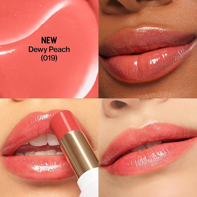 REVLON Super Lustrous Glass Shine Balm, Hydrating Tinted Lip Balm with Hyaluronic Acid, Aloe & Rose Quartz, Light-Medium Coral Lipstick, NEW Shade, 019 Dewy Peach, 0.11 oz