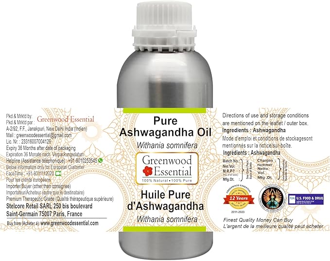 Greenwood Essential Ashwagandha Oil (Withania somnifera) | Infused | Pure | Non-Sticky | Lightweight | Ayurvedic | For Body Massage | Men & Women | 300ml (10 oz)