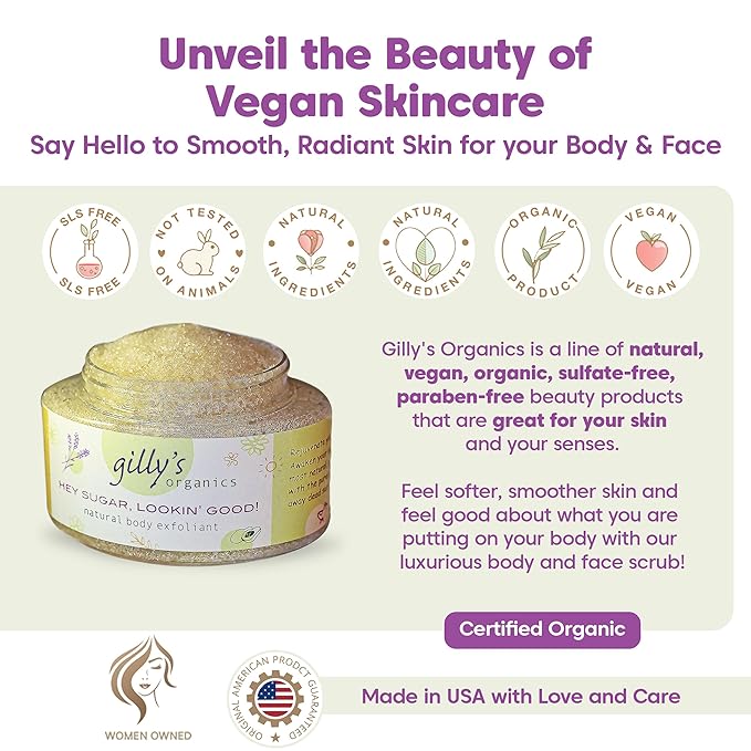 Gilly's Organics Sugar Scrub – Natural Scrubs with Lavender, Coconut, Avocado, Sweet Almond Oil – Gentle Exfoliating and Deeply Hydrating Body Scrub for Women and Men – 8oz Organic Sugar Scrub