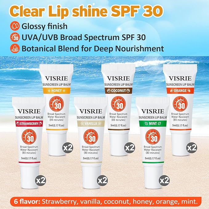 VISRIE SPF 30 Sunscreen Lip Balm 12 Pack,Clear SPF Lip Gloss UVA/UVB Sun Protection, Moisturizing Lip Sunscreen with Vitamin E and Shea Butter, Travel Sunscreen for Lips