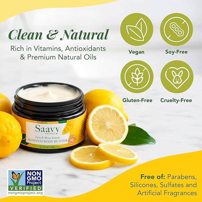 Saavy Naturals Whipped Body Butter - Made with Organic Shea Butter, Essential Body Care & Dry Skin Moisturizer for Women, Velvety Rich Cream Texture, Naturally Scented - Yuzu & Meyer Lemon, 4 oz