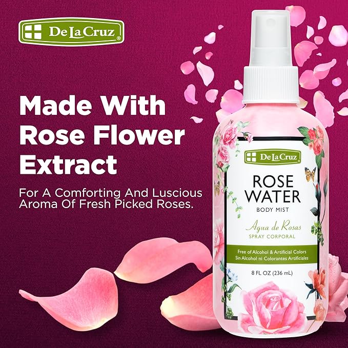 De La Cruz Rose Water Spray, No Parabens or Artificial Colors, Vegan, Made in USA 8 FL. OZ. (6 Bottles)