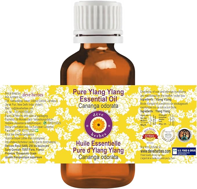 Deve Herbes Pure Ylang Ylang Essential Oil (Cananga odorata) Steam Distilled (Pack of Five) 100ml X 5 (16.9 oz)