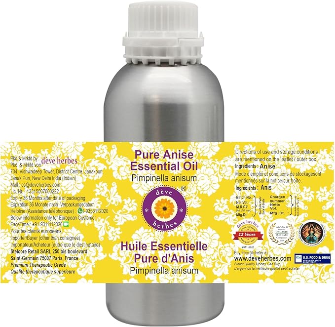 Deve Herbes Pure Anise Essential Oil (Pimpinella anisum) Steam Distilled 300ml (10 oz)