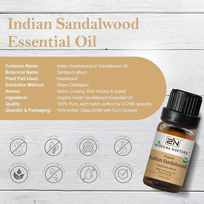 Indian Sandalwood Essential Oil, USDA Certified Organic, 100% Pure Undiluted, Aromatherapy Oil for Diffuser, Hair & Skin Care