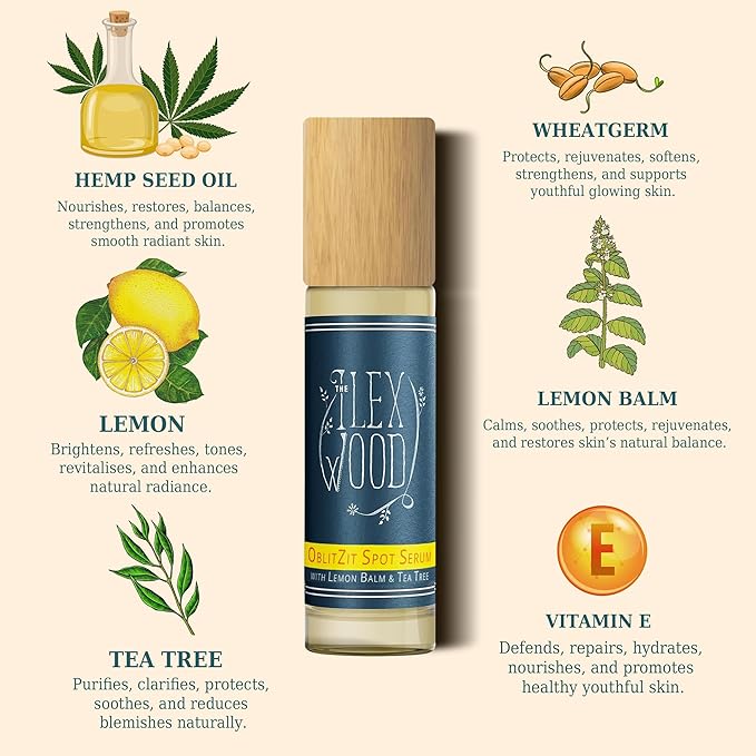 The Ilex Wood - Oblitzit - Spot Treatment Serum with Tea Tree and Lemon Balm, Natural Vegan Formula - 10ml (0.34 fl oz)