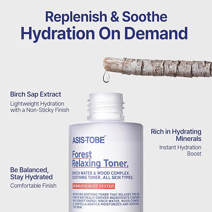 ASIS-TOBE Forest Relaxing Toner - Soothing and Hydrating Korean Facial Toner with Centella Asiatica and Birch Sap, Unscented and Alcohol-Free, 6.76 Fl Oz