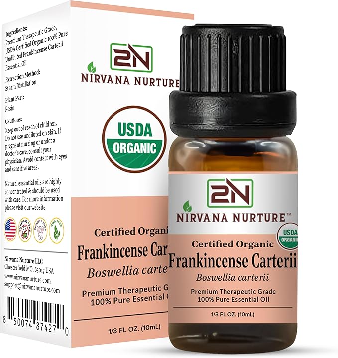 Frankincense Carterii Essential Oil, USDA Certified Organic, 100% Pure Undiluted, Aromatherapy Oil for Diffuser, Hair & Skin Care