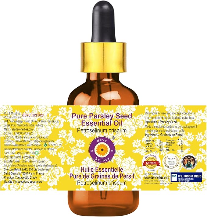 Deve Herbes Pure Parsley Seed Essential Oil (Petroselinum crispum) with Glass Dropper Steam Distilled 15ml (0.50 oz)
