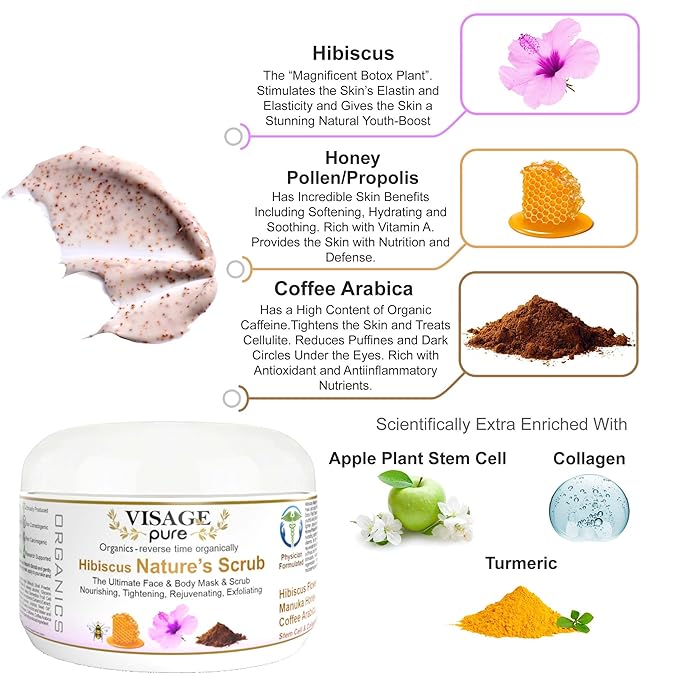 Hibiscus Nature's Scrub - The Ultimate Natural Face and Body Mask and Scrub. Nourishing, Tightening, Rejuvenating, and Exfoliating - Organic - Physician Formulated - Research Supported