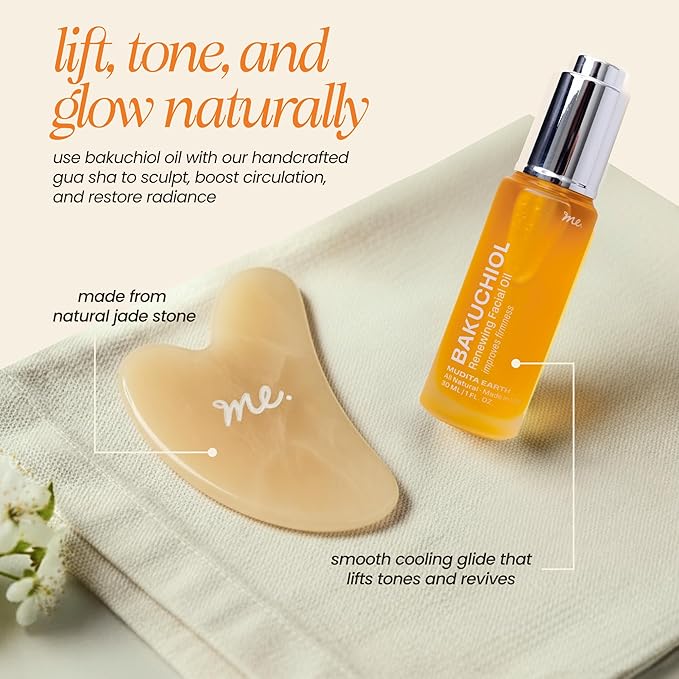 Mudita Earth Face Sculpt Set with Bakuchiol Facial Oil & Gua Sha Tool | Retinol Alternative for Firming, Lymphatic Drainage & Glow | Chia Seed & Prickly Pear | (Bakuchiol Kit)