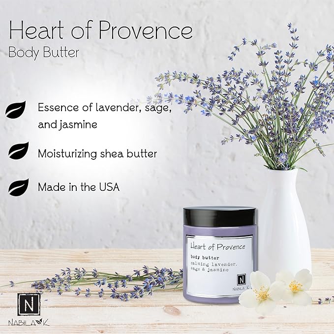 Nabila K Body Butter - Daily Moisturizer for Body Care - Skin Hydrating Deep Moisturizing - Natural Ingredients - Heart of Provence - 9 oz
