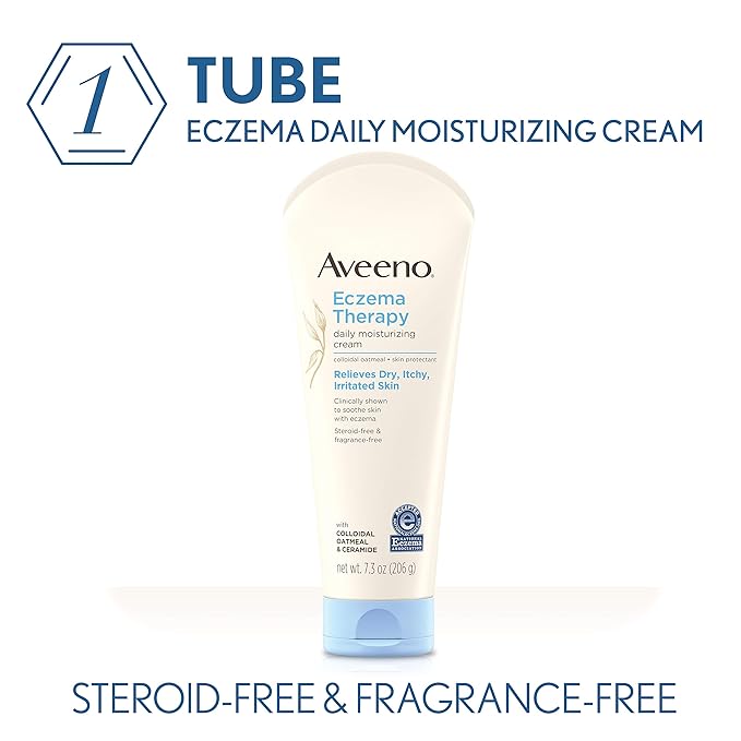Aveeno Eczema Therapy Daily Moisturizing Cream for Sensitive Skin, Soothing Lotion with Colloidal Oatmeal for Dry, Itchy, and Irritated Skin, Steroid-Free and Fragrance-Free, 7.3 oz