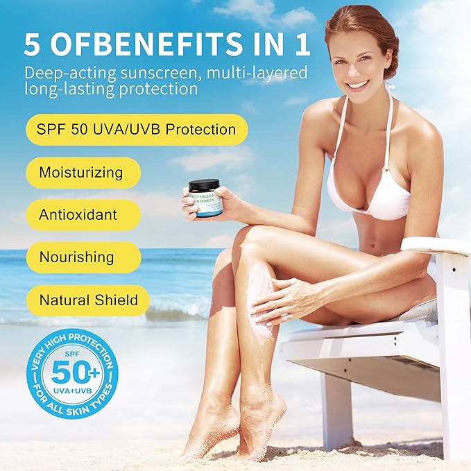 Beef Tallow Sunscreen SPF 50, Organic Grass-Fed Tallow Sunscreen with Non Nano Zinc Oxide, Natural Non-Greasy Formula for Face & Body, Water Resistant, Adult & kids, Reef Safe Travel Size, Unscented