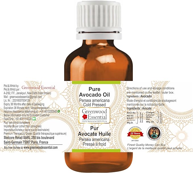 Greenwood Essential Pure Avocado Oil (Persea americana) Cold Pressed 10ml (0.33 oz)