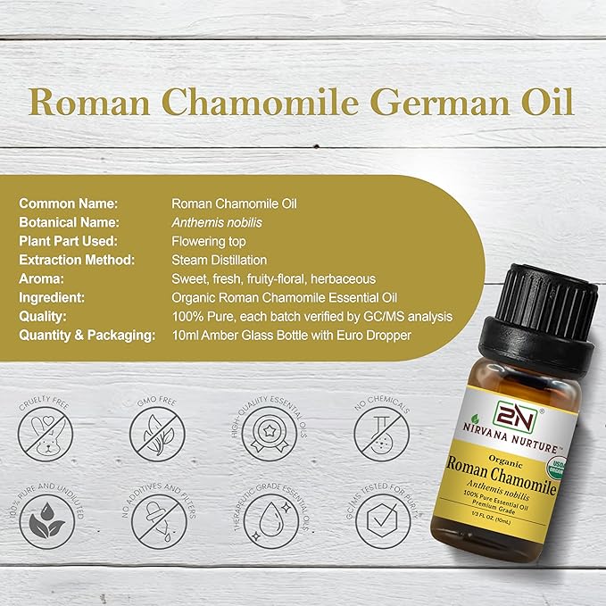 Roman Chamomile Essential Oil, USDA Certified Organic, 100% Pure Undiluted, Aromatherapy Oil for Diffuser, Hair & Skin Care