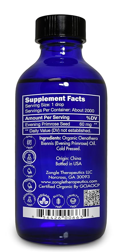 Zongle Therapeutics Organic, Evening Primrose Oil, Liquid – 100% Pure, Evening Primrose Oil, 4 OZ